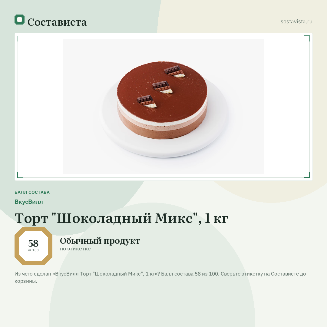 ВкусВилл Торт "Шоколадный Микс", 1 кг: балл состава 58 из 100 — Состависта