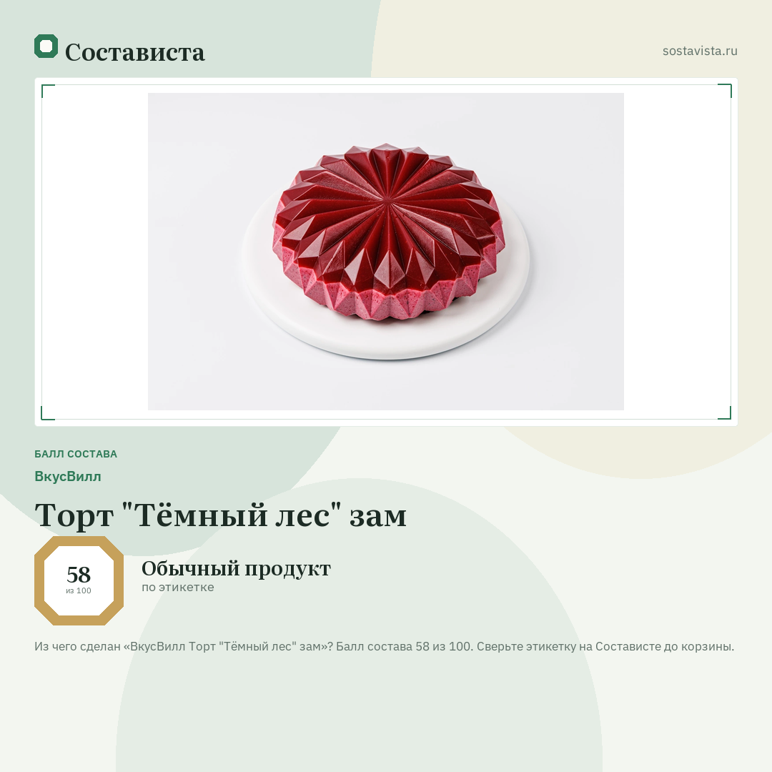 ВкусВилл Торт "Тёмный лес" зам: балл состава 58 из 100 — Состависта