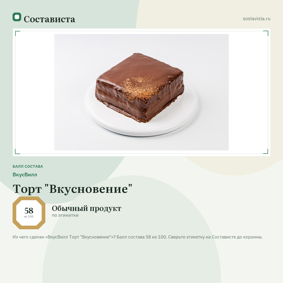 ВкусВилл Торт "Вкусновение": балл состава 58 из 100 — Состависта
