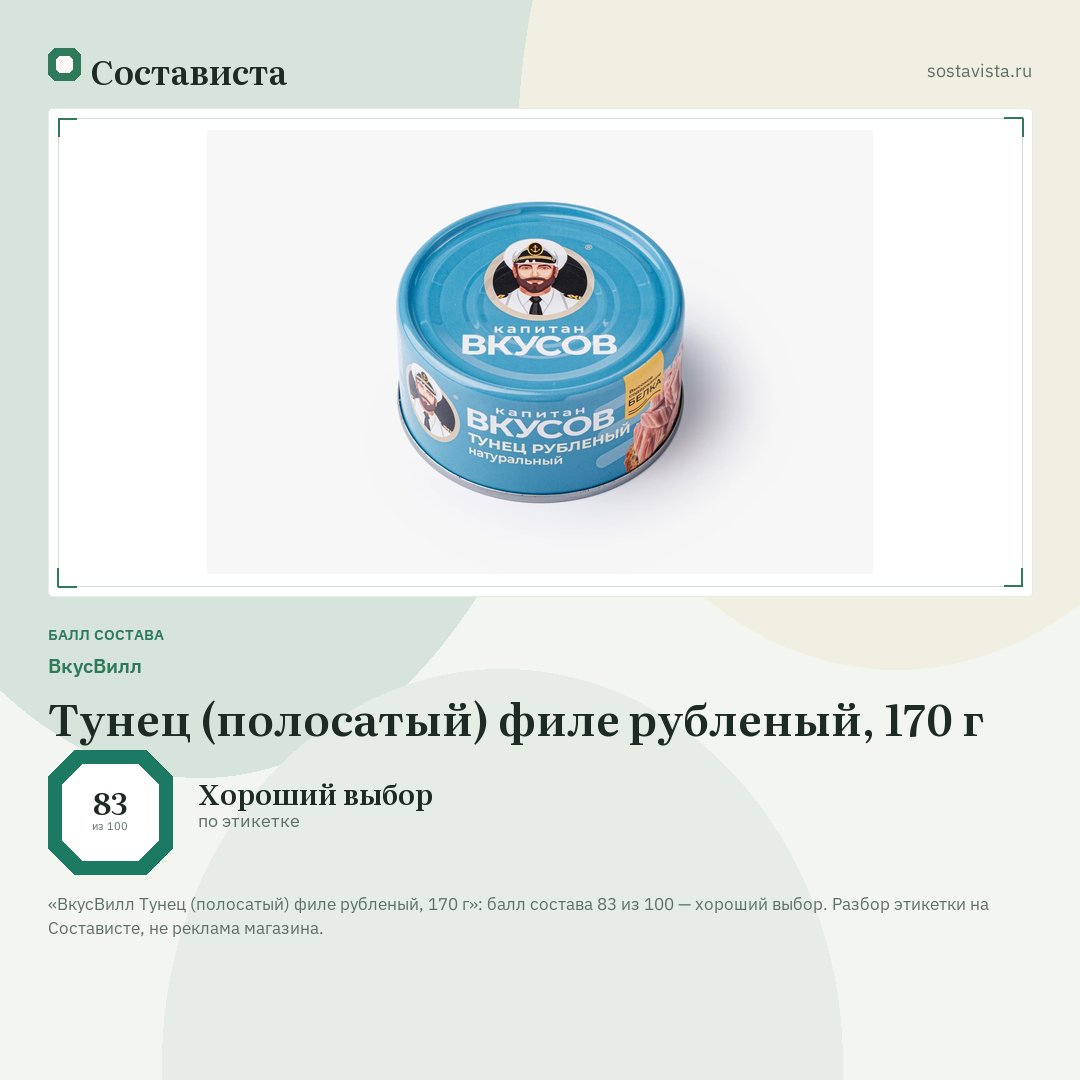 ВкусВилл Тунец (полосатый) филе рубленый, 170 г: балл состава 83 из 100 — Состависта