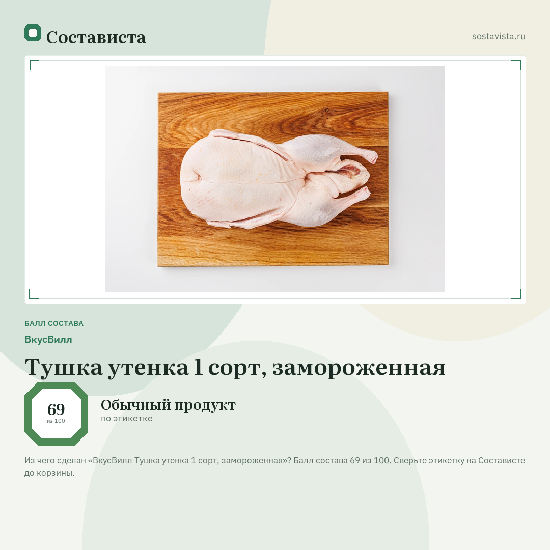 ВкусВилл Тушка утенка 1 сорт, замороженная: балл состава 69 из 100 — Состависта