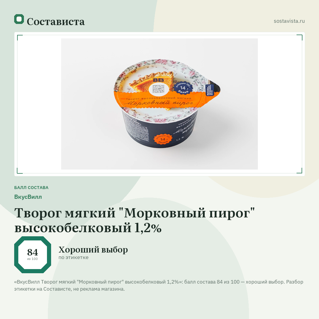 ВкусВилл Творог мягкий "Морковный пирог" высокобелковый 1,2%: балл состава 84 из 100 — Состависта