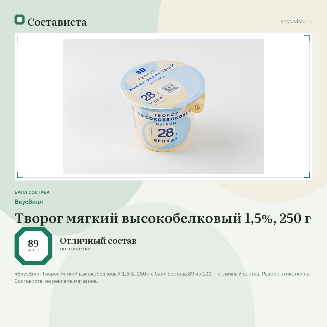ВкусВилл Творог мягкий высокобелковый 1,5%, 250 г: балл состава 89 из 100 — Состависта