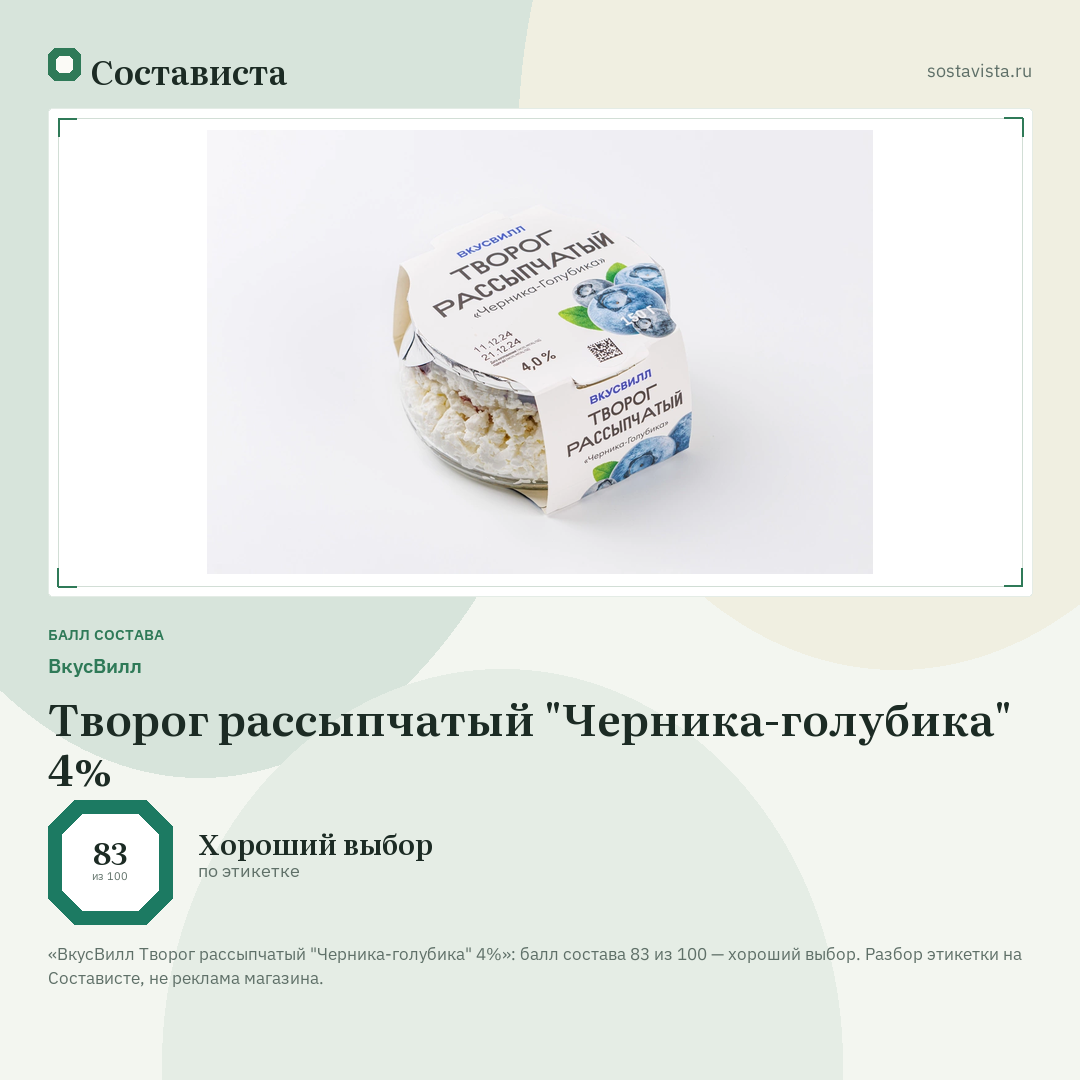 ВкусВилл Творог рассыпчатый "Черника-голубика" 4%: балл состава 83 из 100 — Состависта