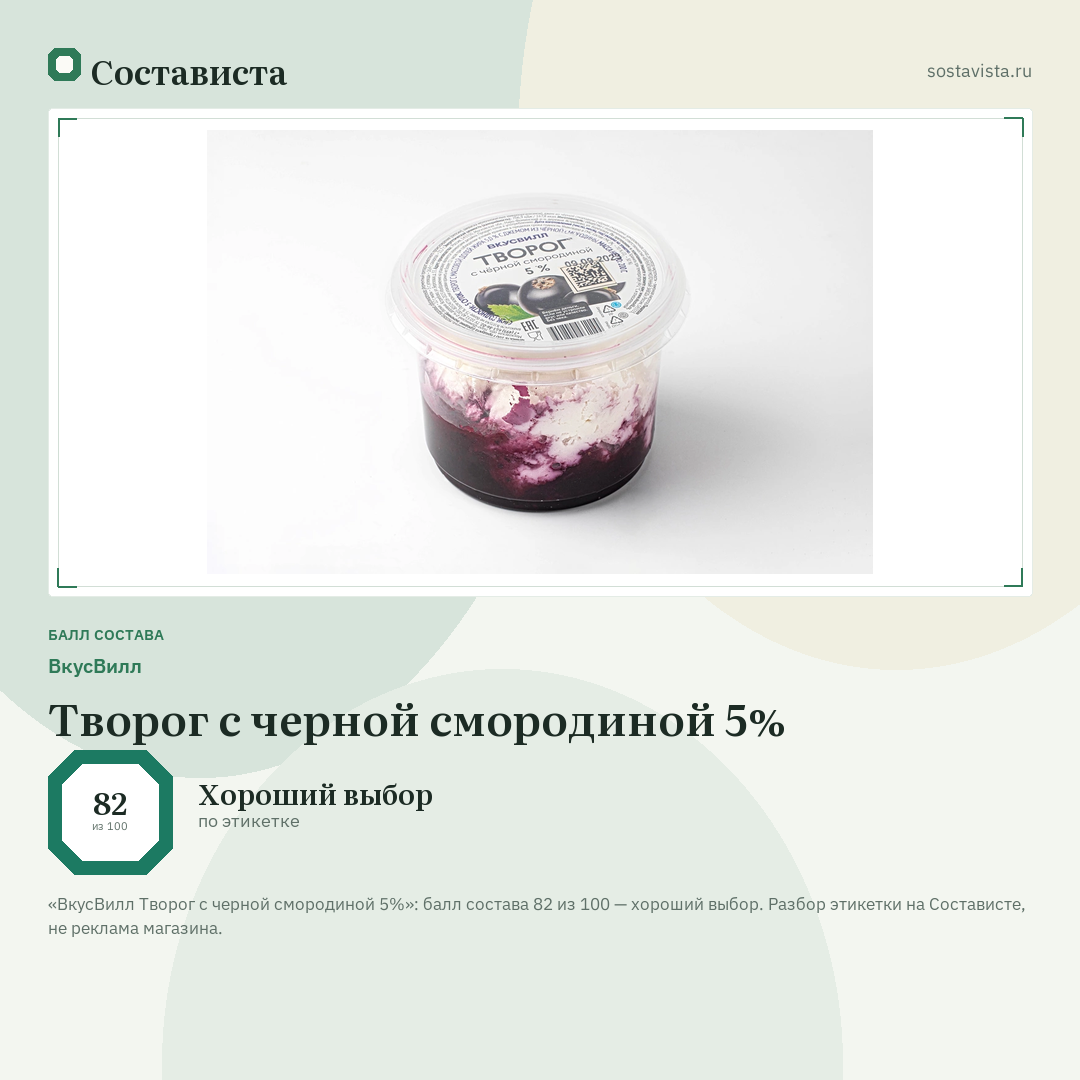 ВкусВилл Творог с черной смородиной 5%: балл состава 82 из 100 — Состависта