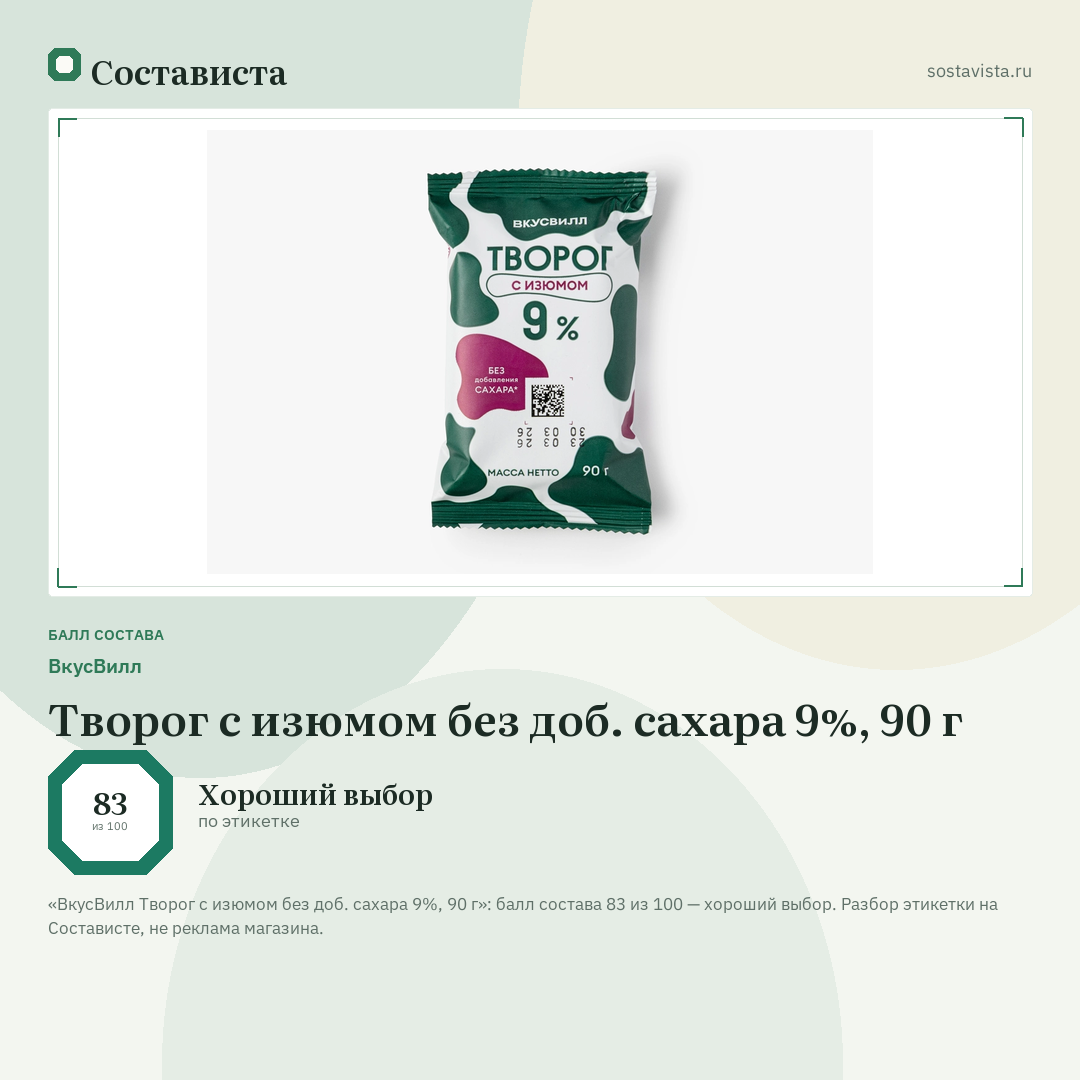 ВкусВилл Творог с изюмом без доб. сахара 9%, 90 г: балл состава 83 из 100 — Состависта