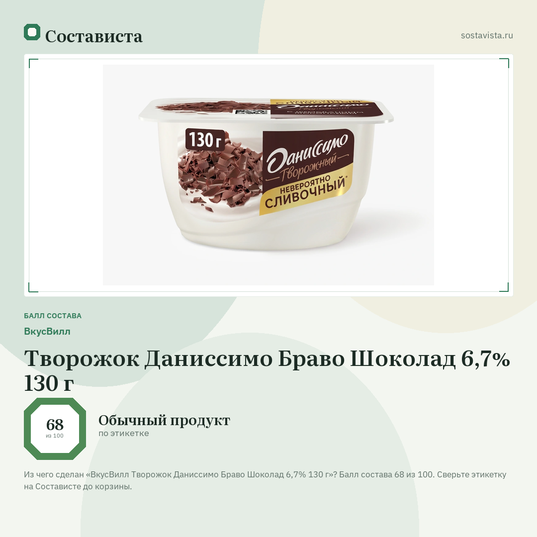 ВкусВилл Творожок Даниссимо Браво Шоколад 6,7% 130 г: балл состава 68 из 100 — Состависта