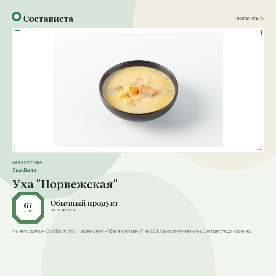 ВкусВилл Уха "Норвежская": балл состава 67 из 100 — Состависта