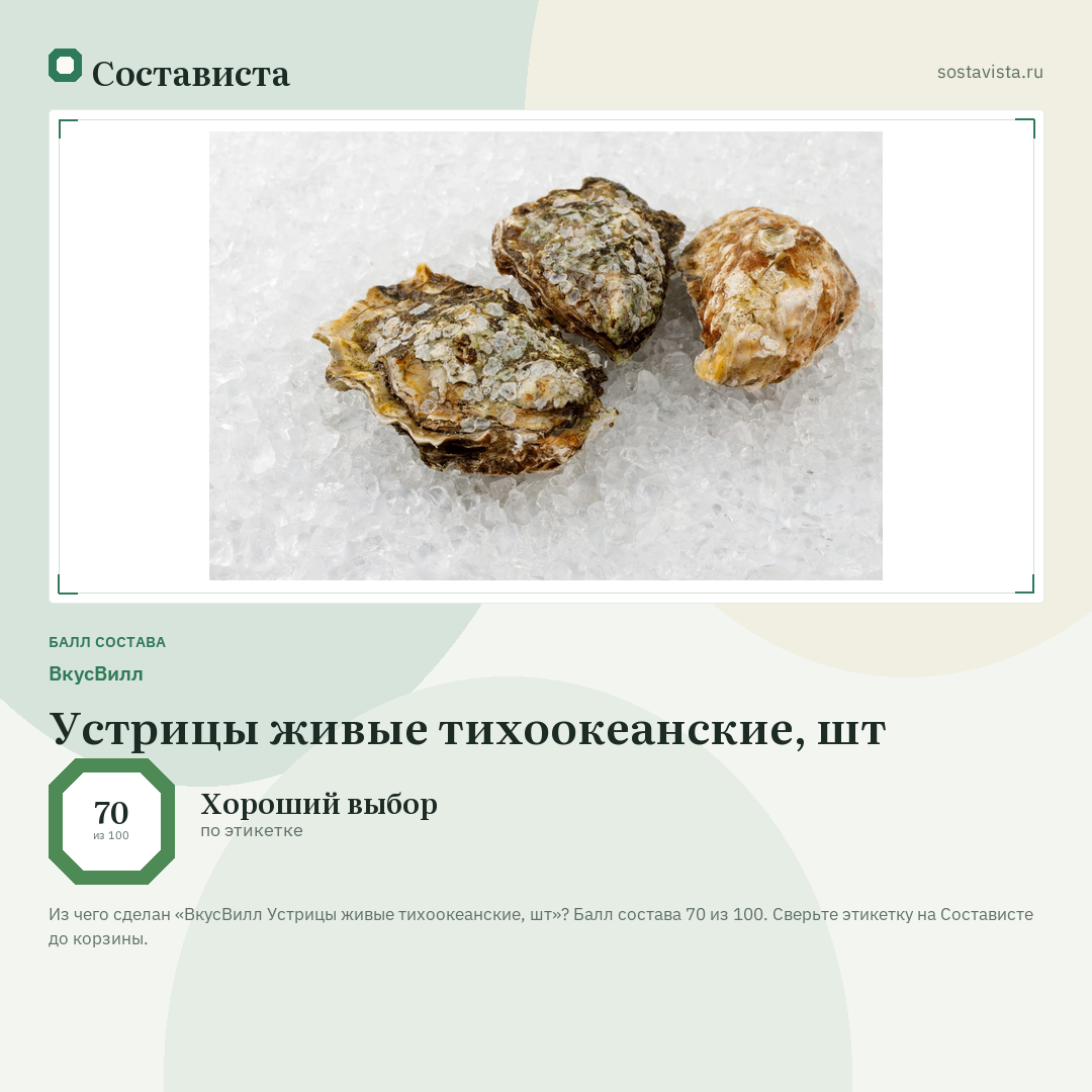 ВкусВилл Устрицы живые тихоокеанские, шт: балл состава 70 из 100 — Состависта