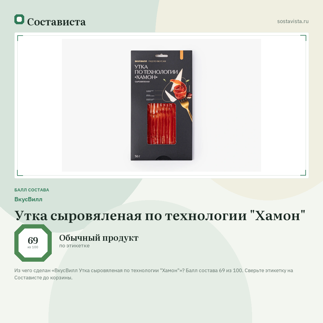 ВкусВилл Утка сыровяленая по технологии "Хамон": балл состава 69 из 100 — Состависта