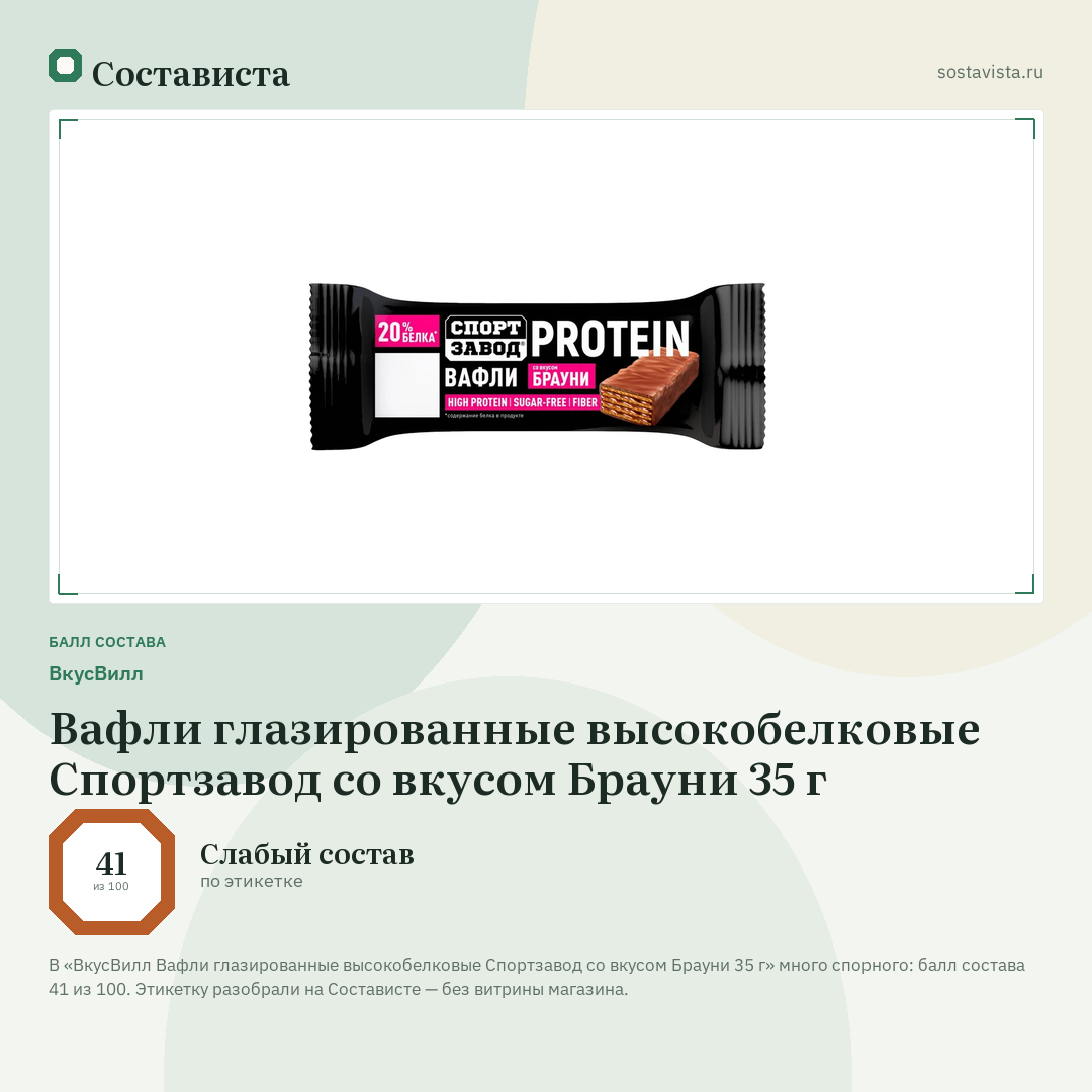 ВкусВилл Вафли глазированные высокобелковые Спортзавод со вкусом Брауни 35 г: балл состава 41 из 100 — Состависта