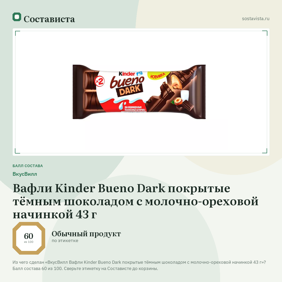 ВкусВилл Вафли Kinder Bueno Dark покрытые тёмным шоколадом с молочно-ореховой начинкой 43 г: балл состава 60 из 100 — Состависта