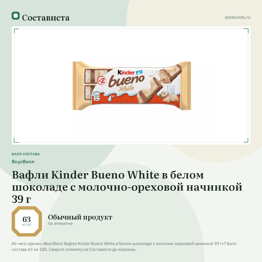 ВкусВилл Вафли Kinder Bueno White в белом шоколаде с молочно-ореховой начинкой 39 г: балл состава 63 из 100 — Состависта