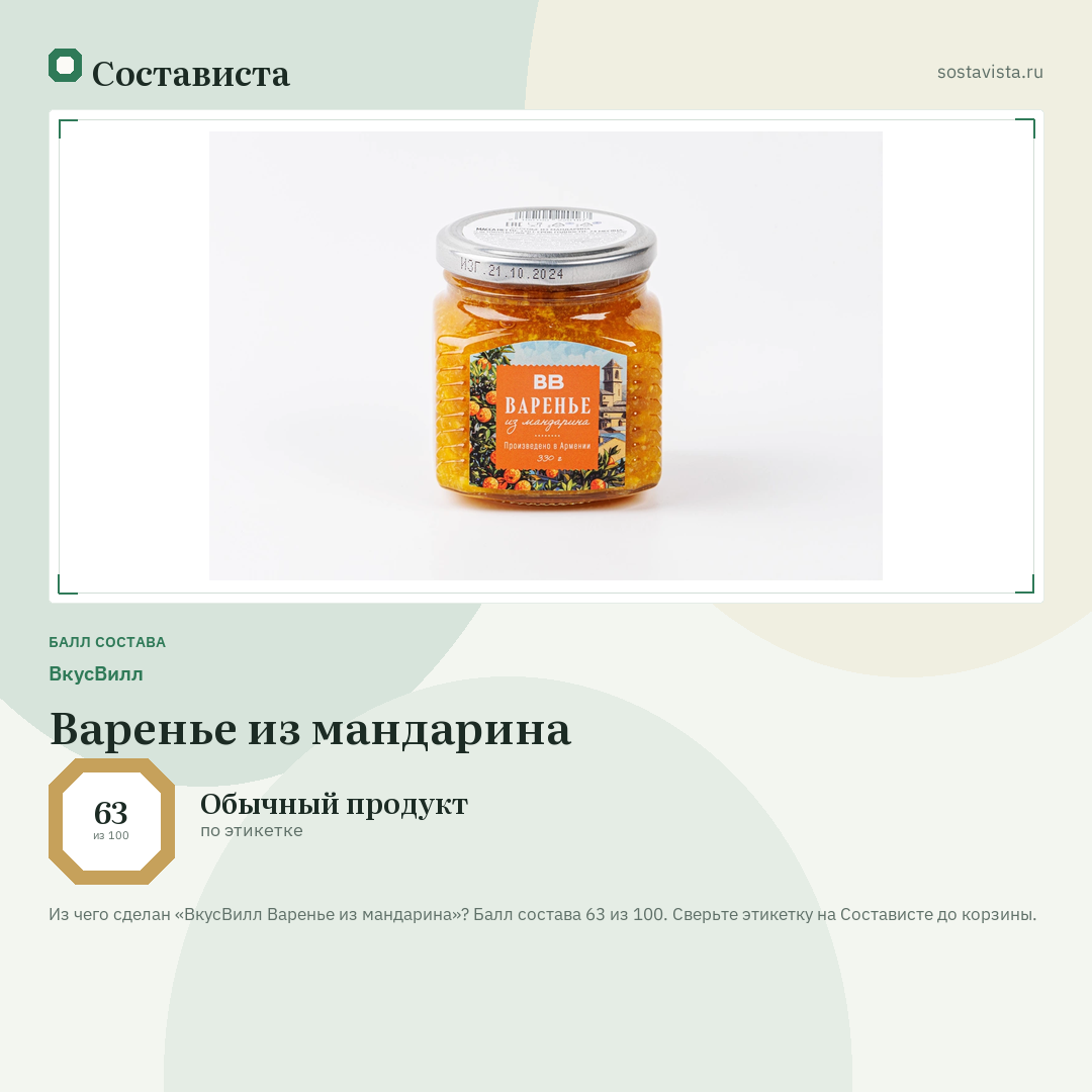 ВкусВилл Варенье из мандарина: балл состава 63 из 100 — Состависта