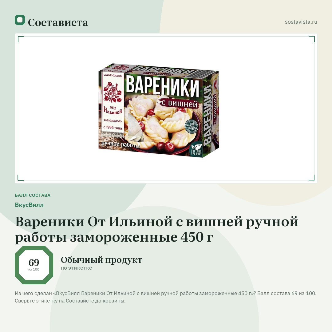 ВкусВилл Вареники От Ильиной с вишней ручной работы замороженные 450 г: балл состава 69 из 100 — Состависта