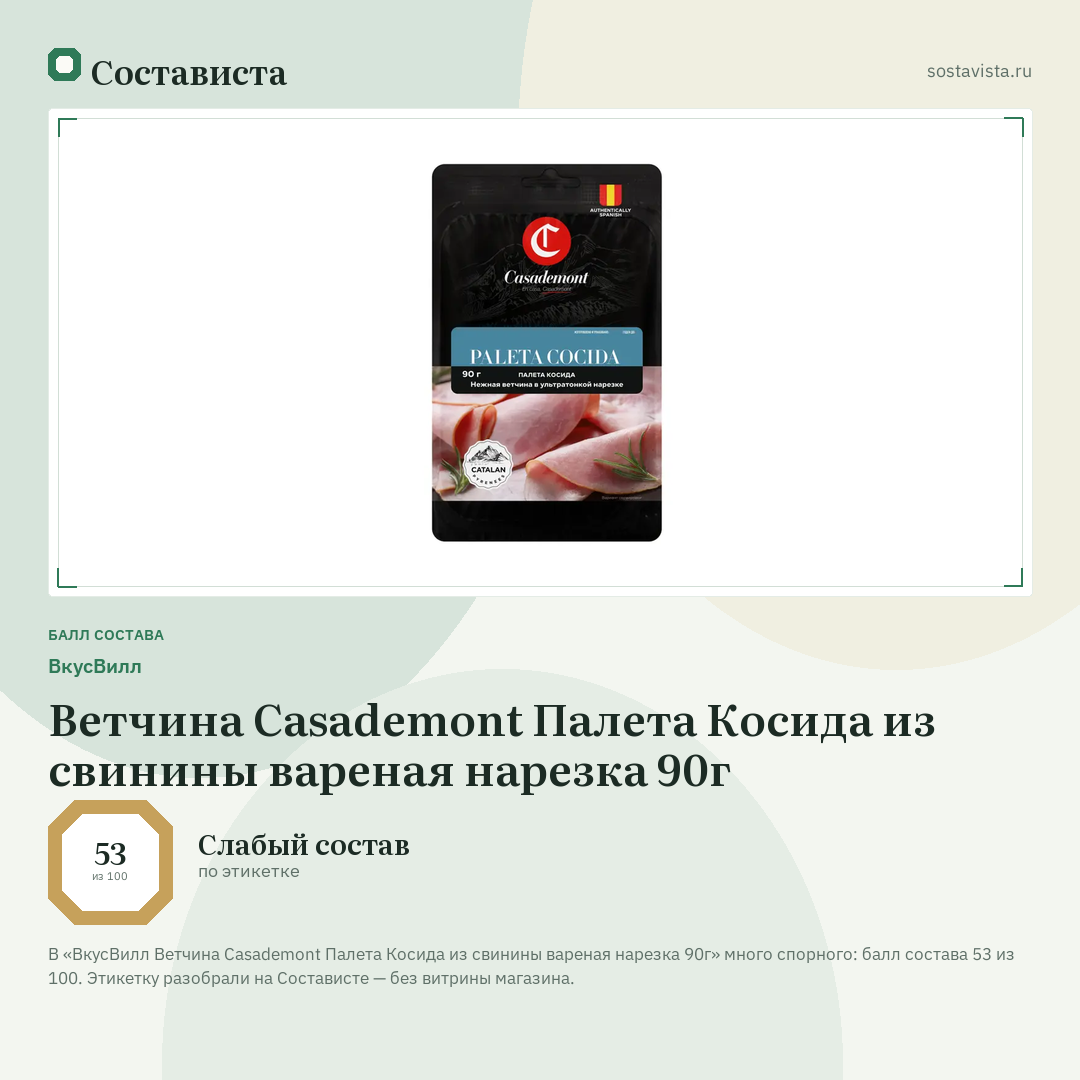 ВкусВилл Ветчина Casademont Палета Косида из свинины вареная нарезка 90г: балл состава 53 из 100 — Состависта