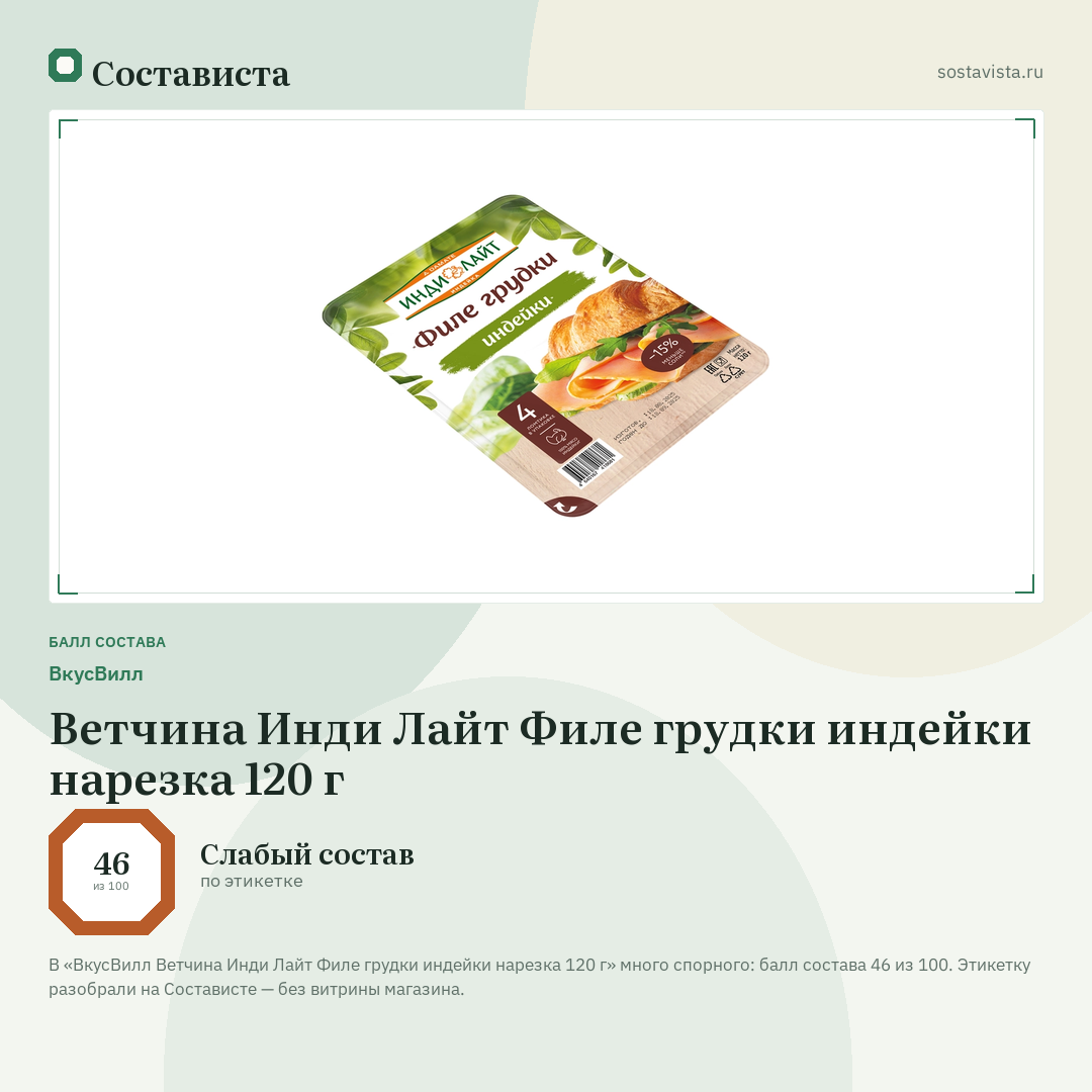 ВкусВилл Ветчина Инди Лайт Филе грудки индейки нарезка 120 г: балл состава 46 из 100 — Состависта