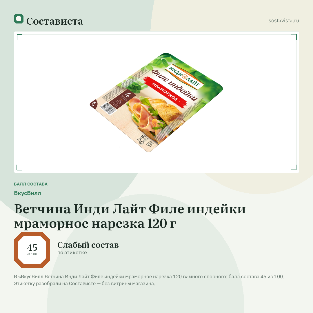 ВкусВилл Ветчина Инди Лайт Филе индейки мраморное нарезка 120 г: балл состава 45 из 100 — Состависта