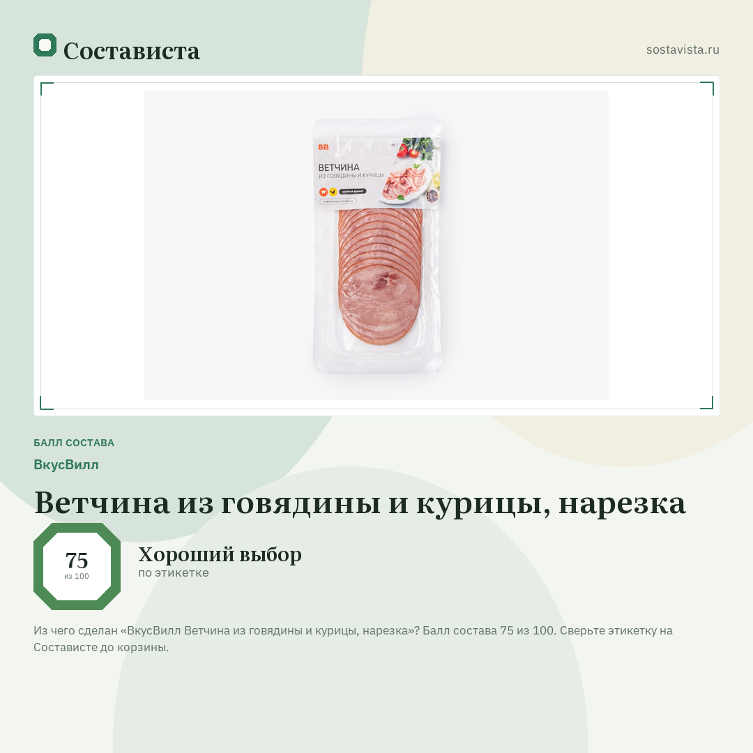 ВкусВилл Ветчина из говядины и курицы, нарезка: балл состава 75 из 100 — Состависта