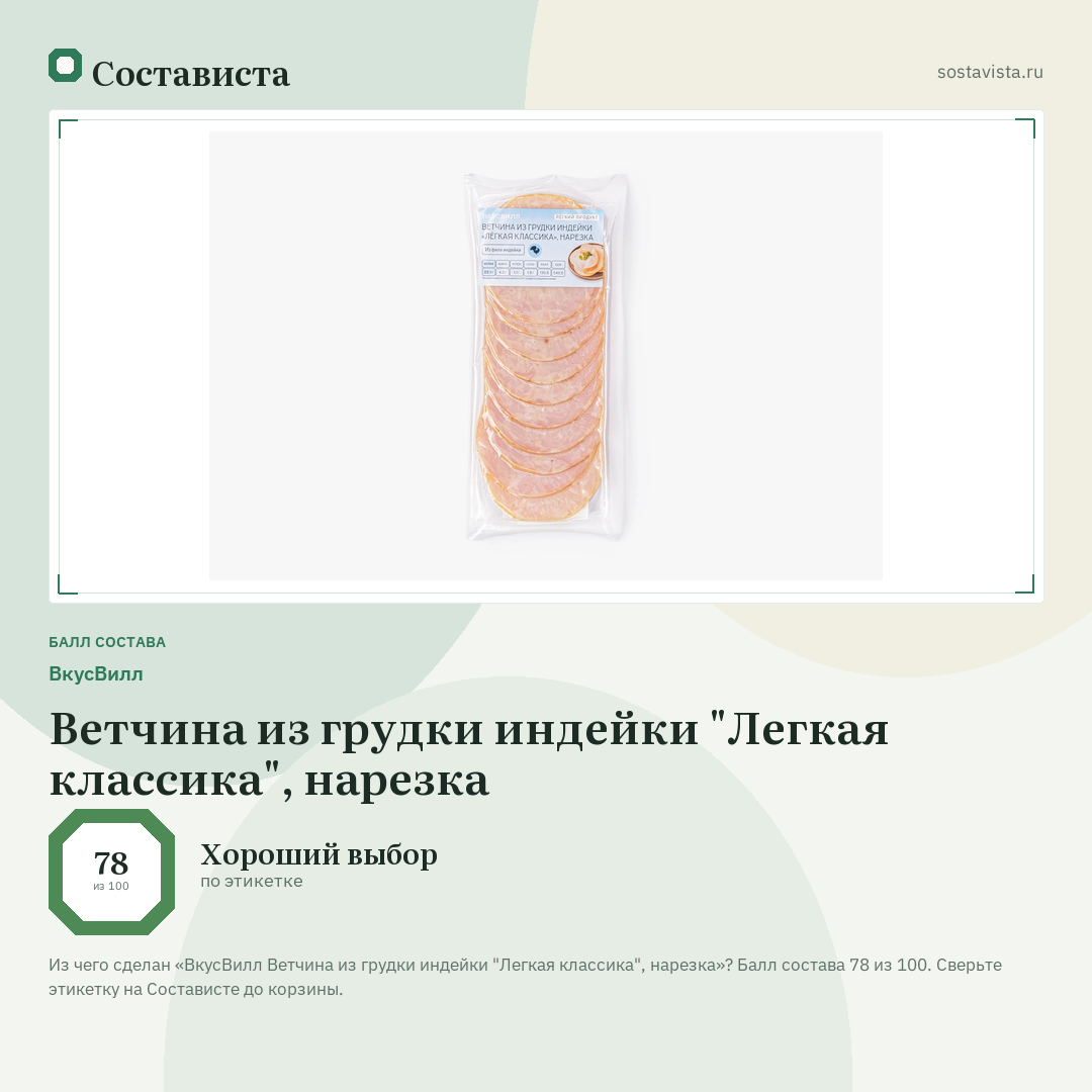 ВкусВилл Ветчина из грудки индейки "Легкая классика", нарезка: балл состава 78 из 100 — Состависта