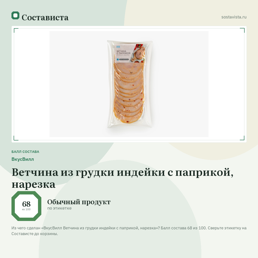 ВкусВилл Ветчина из грудки индейки с паприкой, нарезка: балл состава 68 из 100 — Состависта