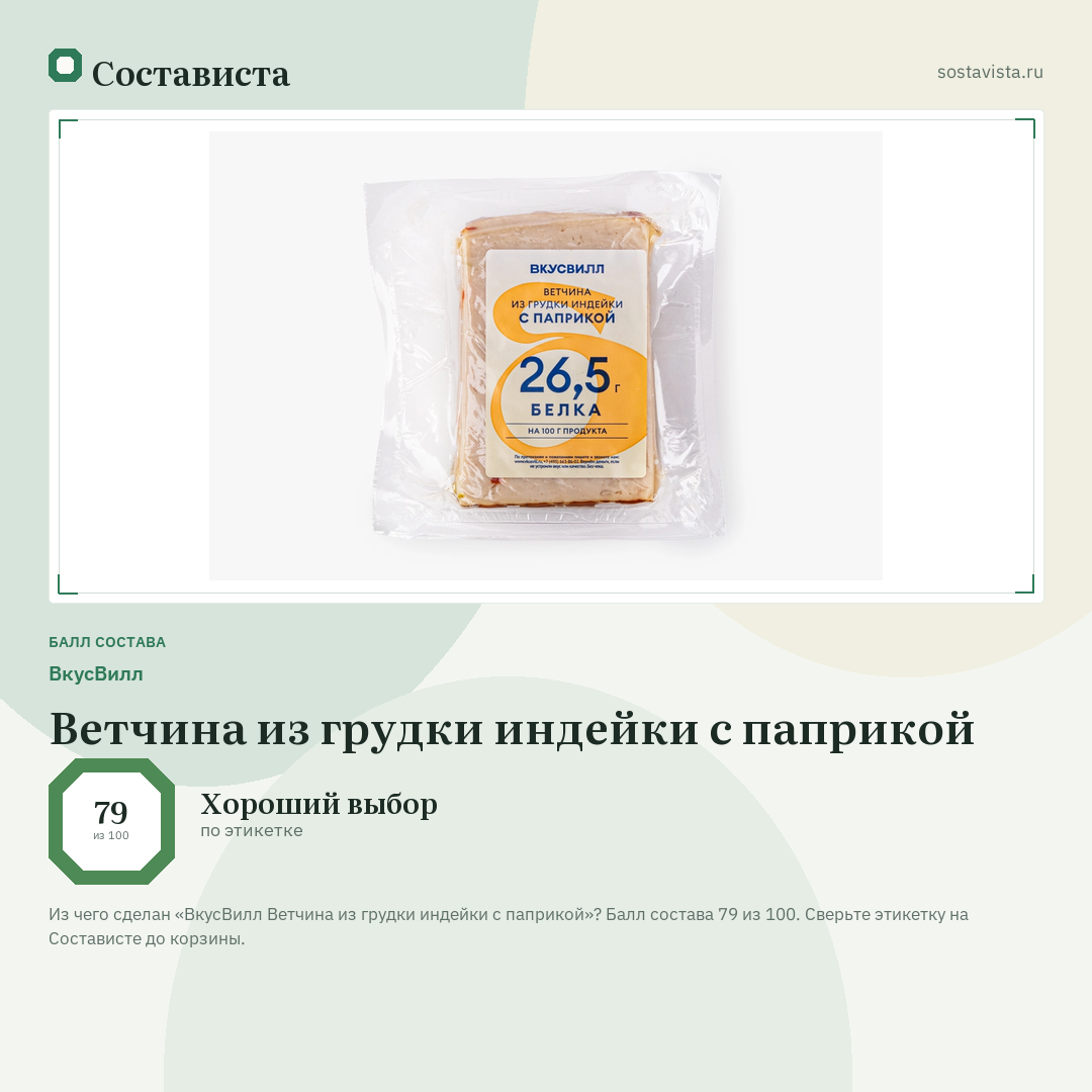 ВкусВилл Ветчина из грудки индейки с паприкой: балл состава 79 из 100 — Состависта