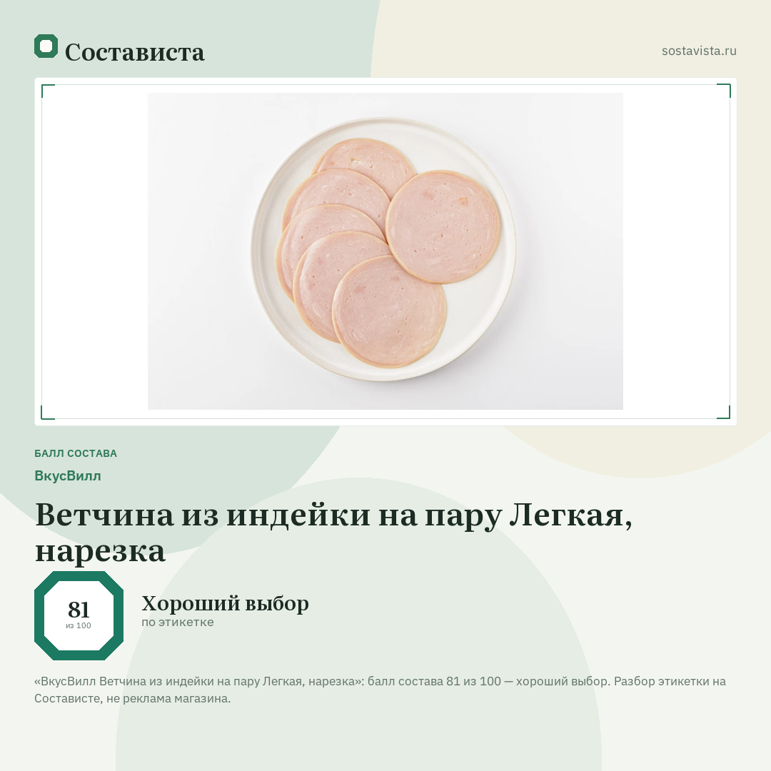 ВкусВилл Ветчина из индейки на пару Легкая, нарезка: балл состава 81 из 100 — Состависта