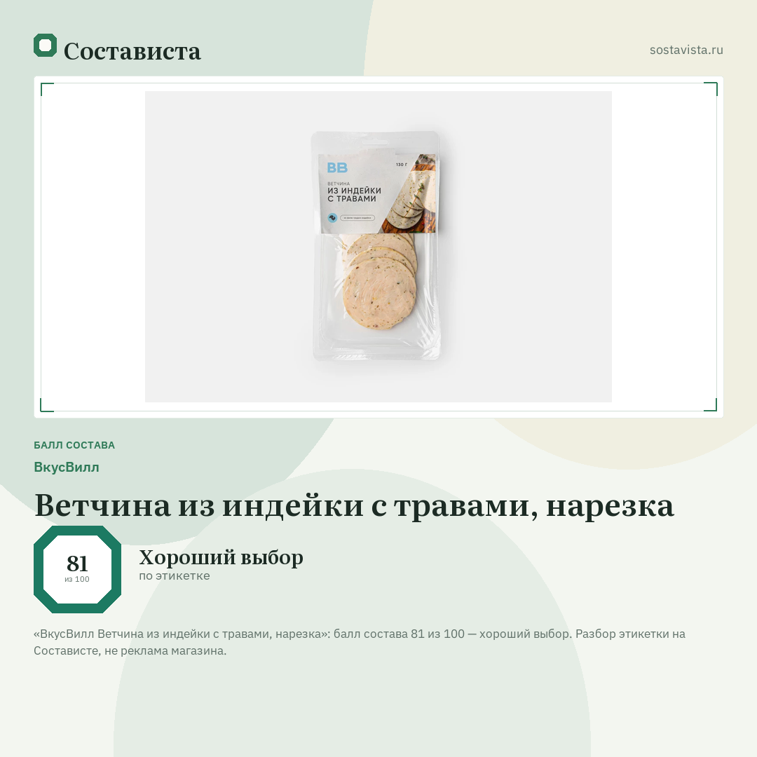 ВкусВилл Ветчина из индейки с травами, нарезка: балл состава 81 из 100 — Состависта