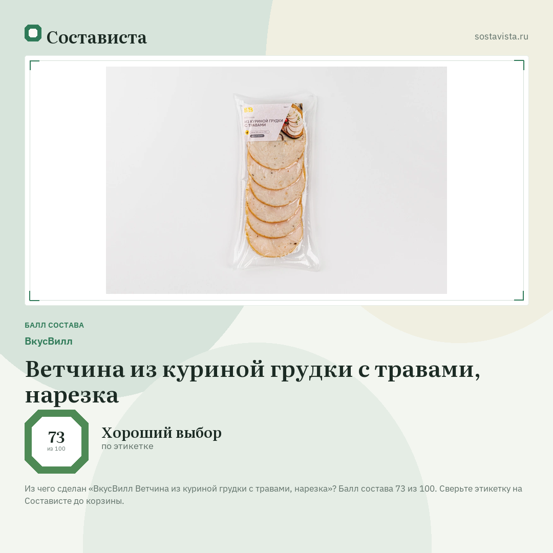 ВкусВилл Ветчина из куриной грудки с травами, нарезка: балл состава 73 из 100 — Состависта