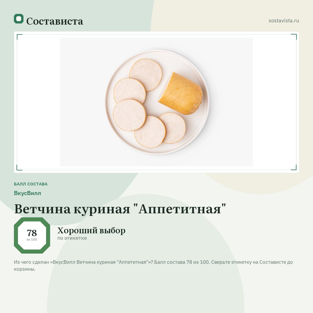ВкусВилл Ветчина куриная "Аппетитная": балл состава 78 из 100 — Состависта