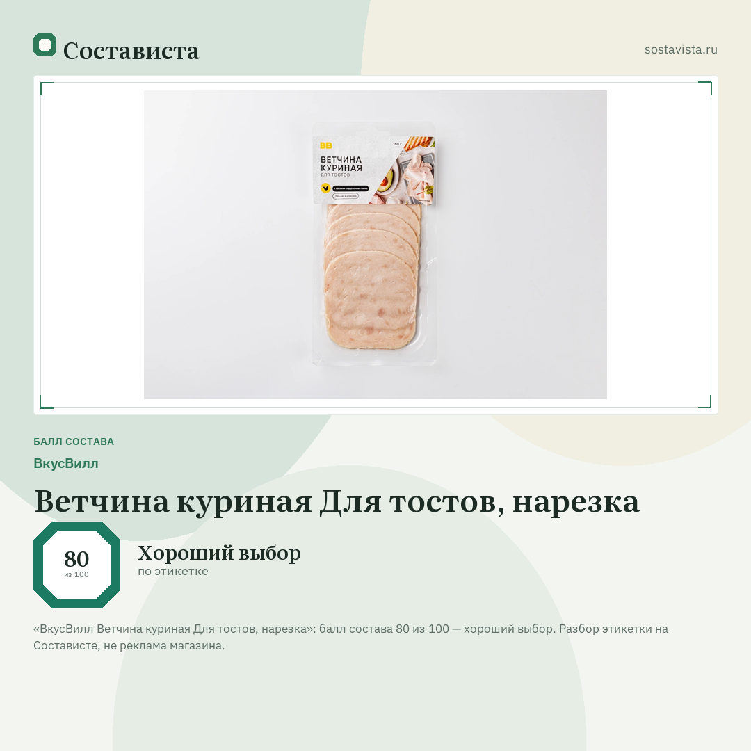 ВкусВилл Ветчина куриная Для тостов, нарезка: балл состава 80 из 100 — Состависта