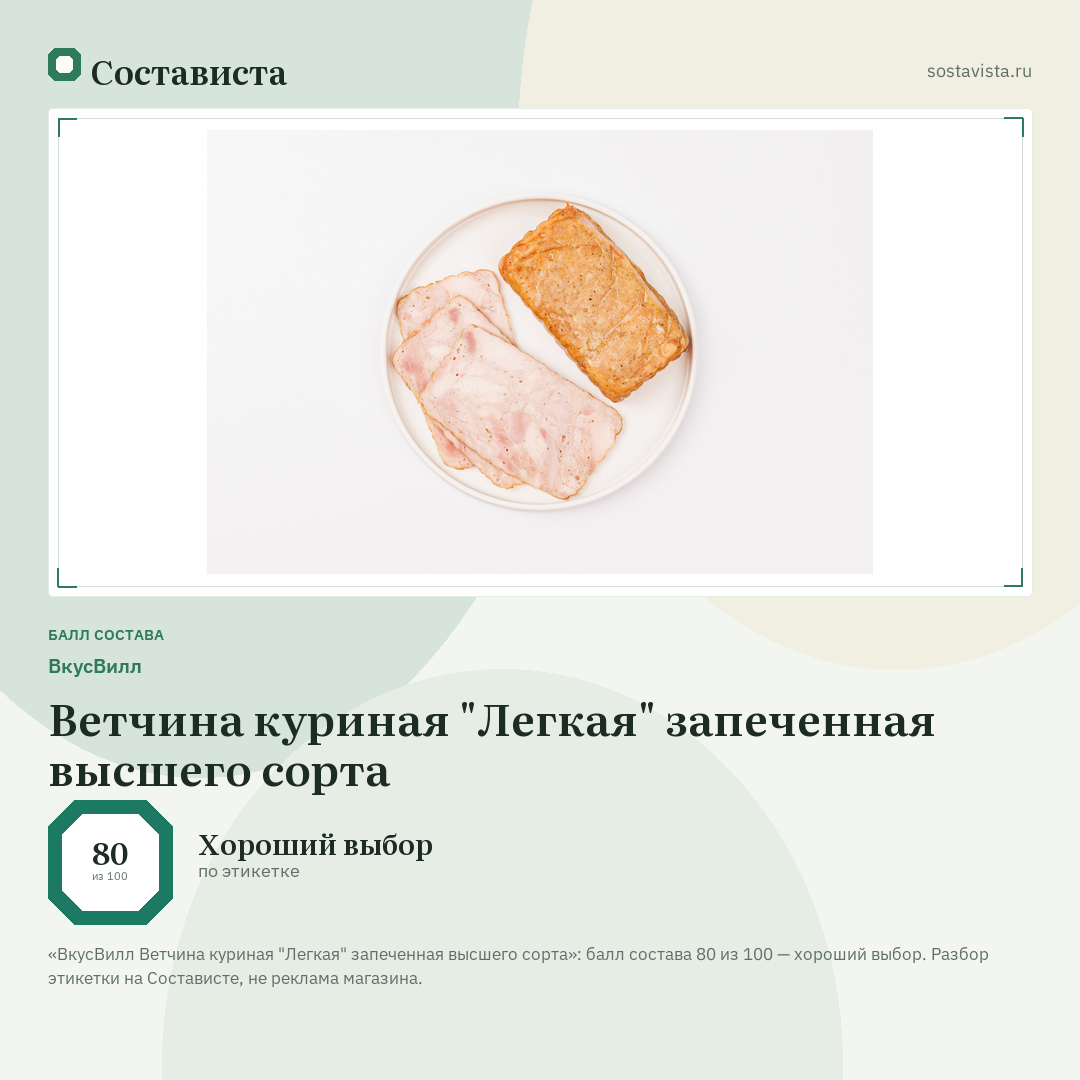 ВкусВилл Ветчина куриная "Легкая" запеченная высшего сорта: балл состава 80 из 100 — Состависта