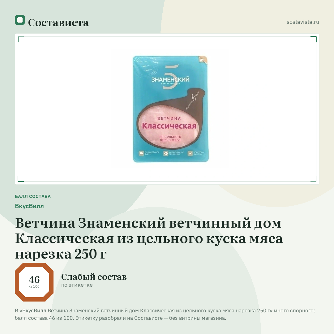 ВкусВилл Ветчина Знаменский ветчинный дом Классическая из цельного куска мяса нарезка 250 г: балл состава 46 из 100 — Состависта