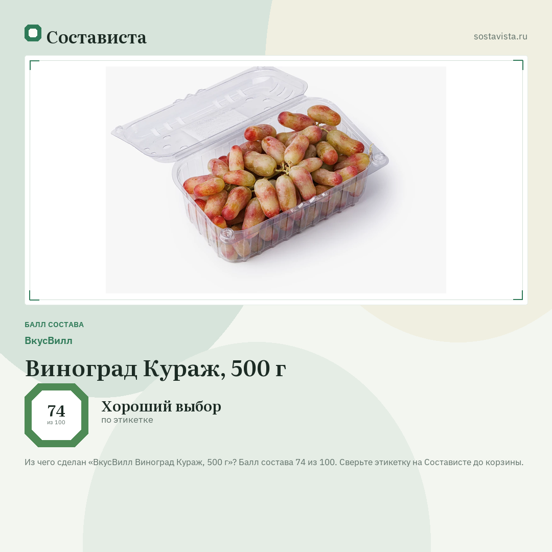 ВкусВилл Виноград Кураж, 500 г: балл состава 74 из 100 — Состависта