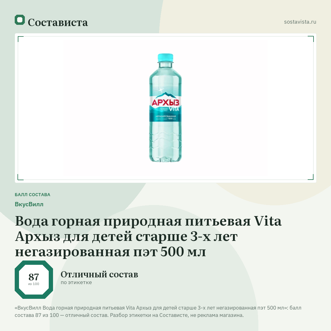 ВкусВилл Вода горная природная питьевая Vita Архыз для детей старше 3-х лет негазированная пэт 500 мл: балл состава 87 из 100 — Состависта