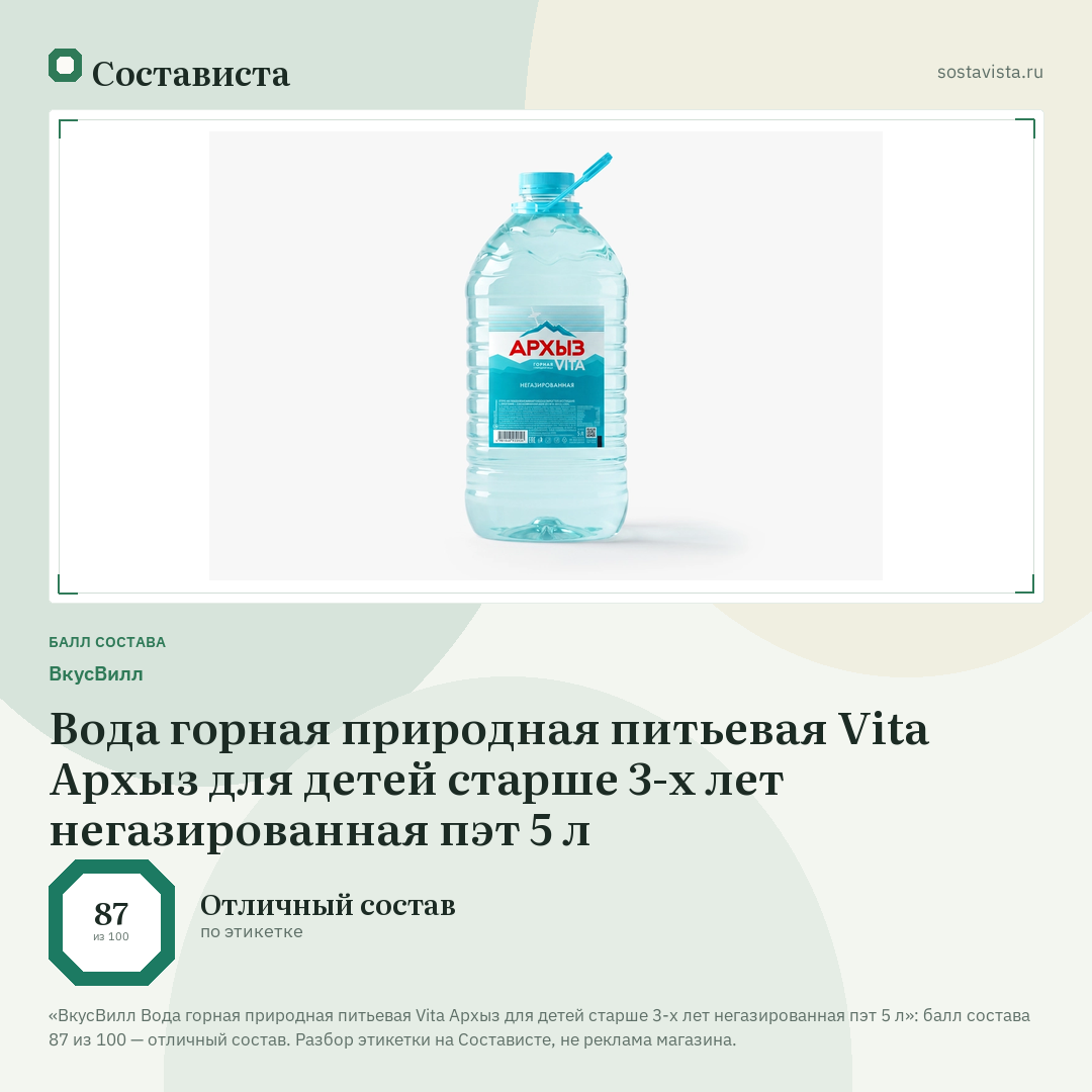 ВкусВилл Вода горная природная питьевая Vita Архыз для детей старше 3-х лет негазированная пэт 5 л: балл состава 87 из 100 — Состависта
