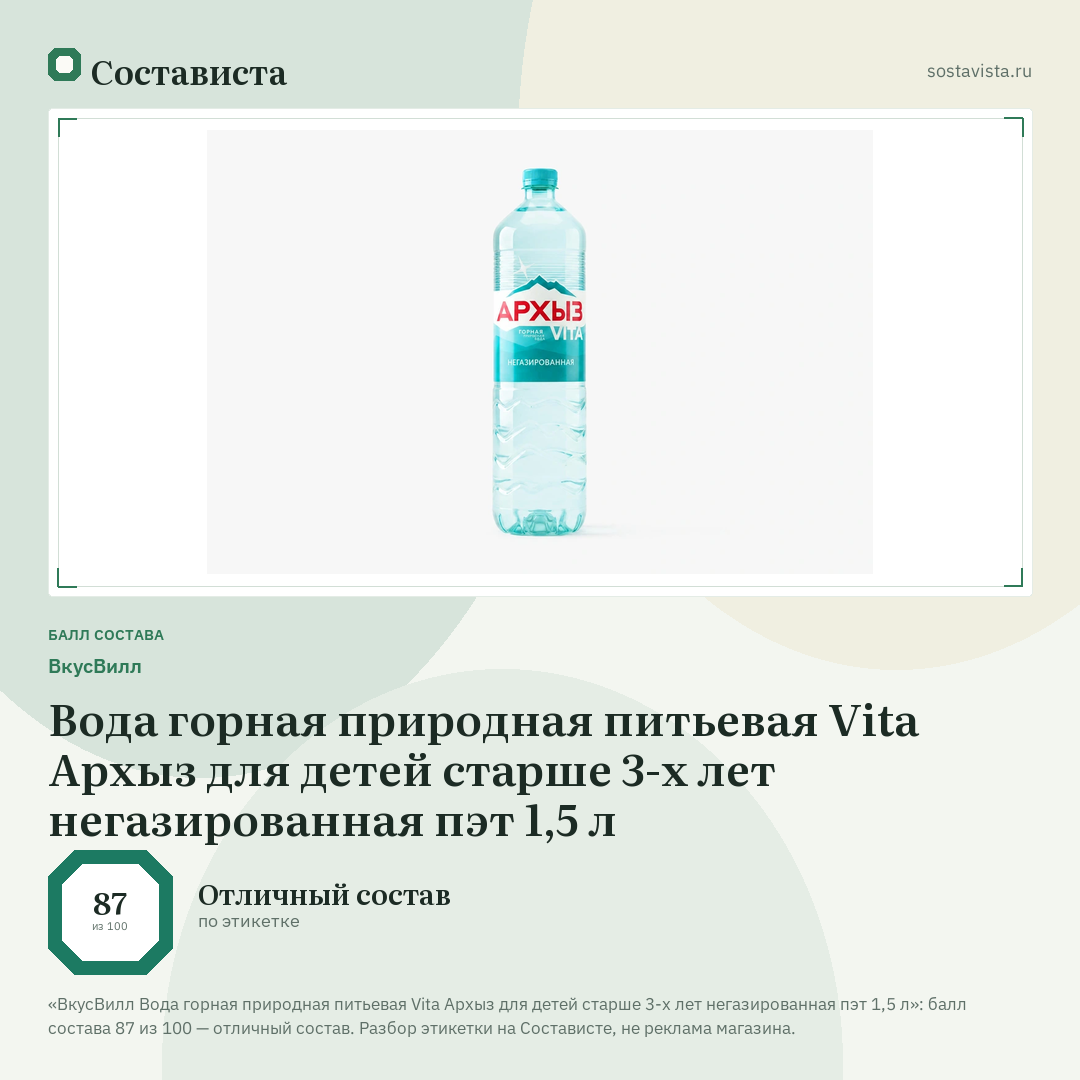 ВкусВилл Вода горная природная питьевая Vita Архыз для детей старше 3-х лет негазированная пэт 1,5 л: балл состава 87 из 100 — Состависта