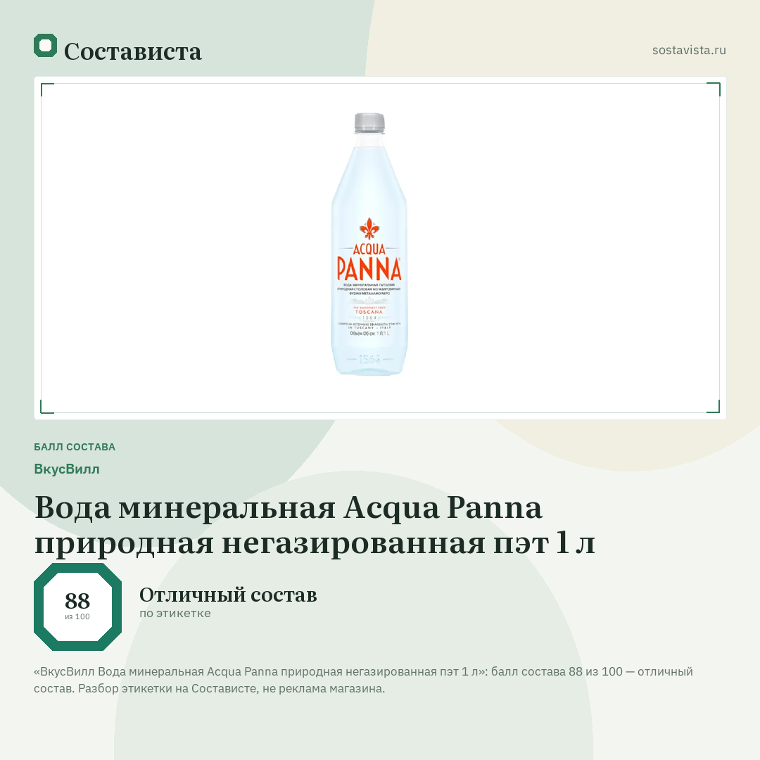 ВкусВилл Вода минеральная Acqua Panna природная негазированная пэт 1 л: балл состава 88 из 100 — Состависта