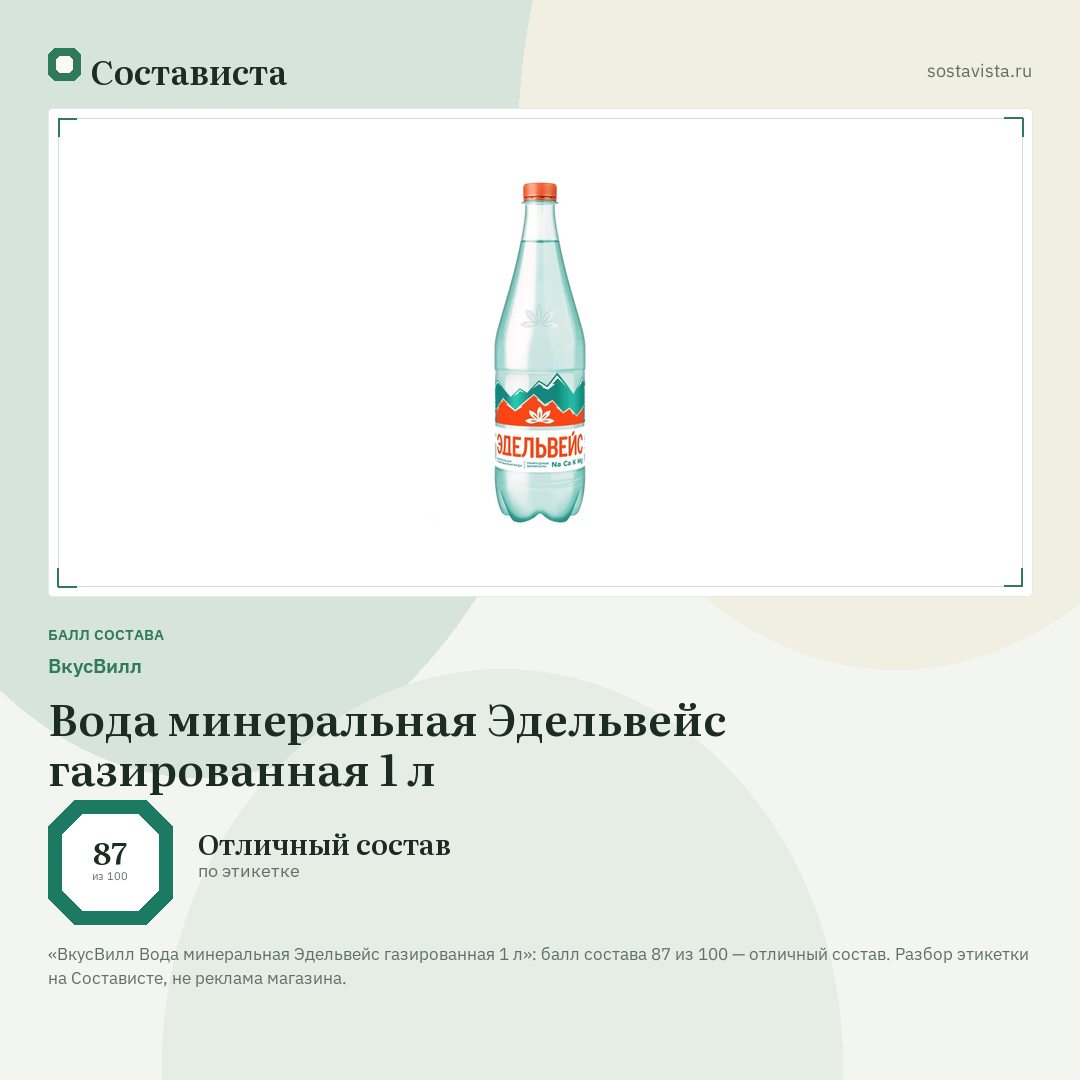 ВкусВилл Вода минеральная Эдельвейс газированная 1 л: балл состава 87 из 100 — Состависта