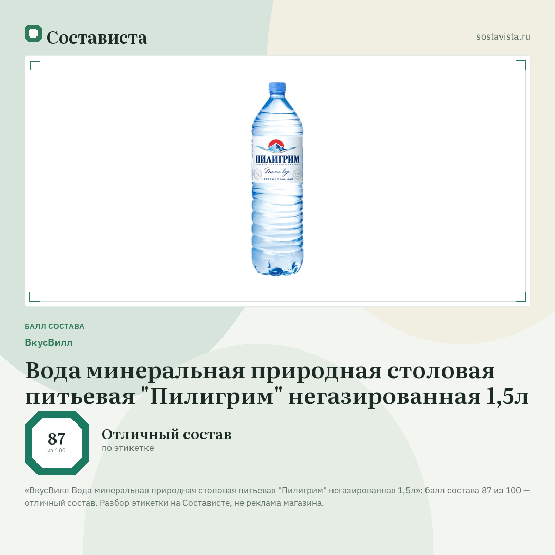 ВкусВилл Вода минеральная природная столовая питьевая "Пилигрим" негазированная 1,5л: балл состава 87 из 100 — Состависта