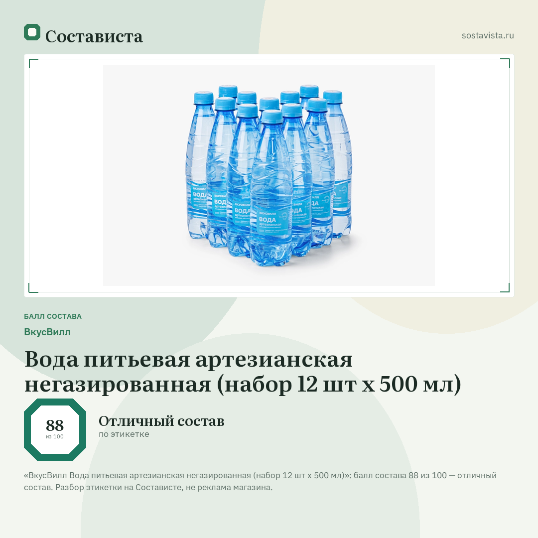 ВкусВилл Вода питьевая артезианская негазированная (набор 12 шт х 500 мл): балл состава 88 из 100 — Состависта