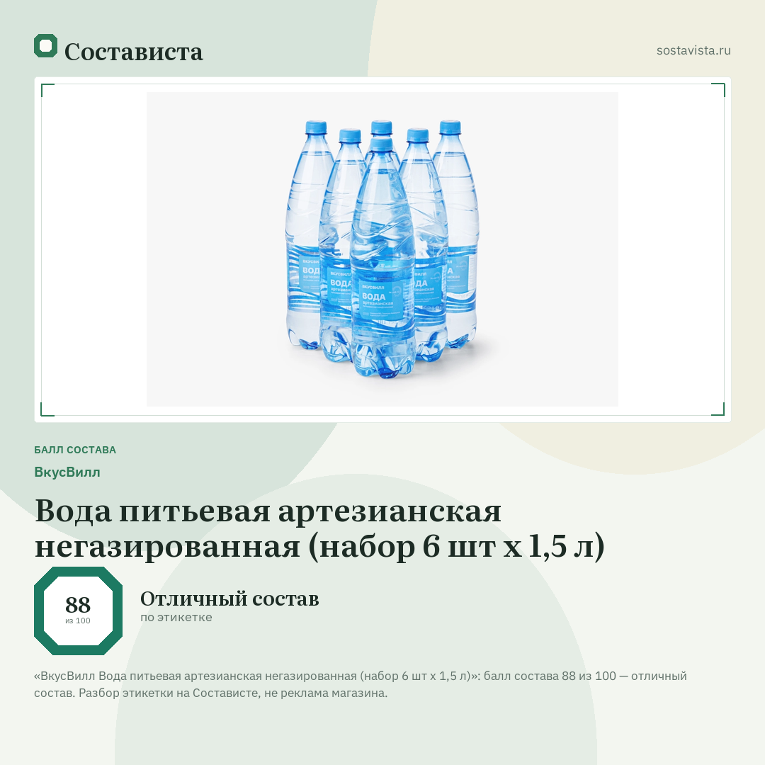 ВкусВилл Вода питьевая артезианская негазированная (набор 6 шт х 1,5 л): балл состава 88 из 100 — Состависта