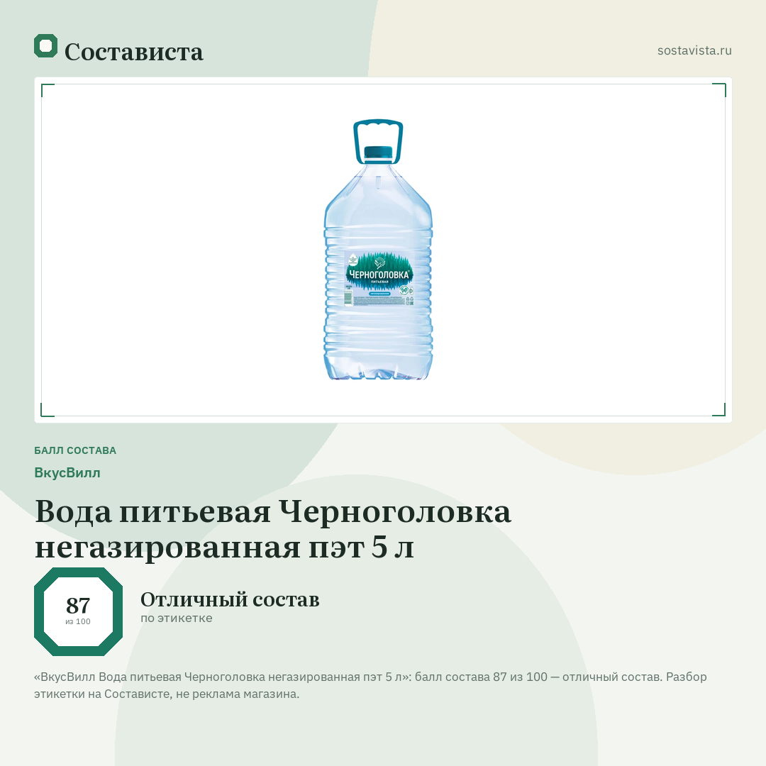 ВкусВилл Вода питьевая Черноголовка негазированная пэт 5 л: балл состава 87 из 100 — Состависта