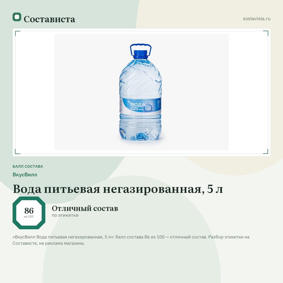 ВкусВилл Вода питьевая негазированная, 5 л: балл состава 86 из 100 — Состависта