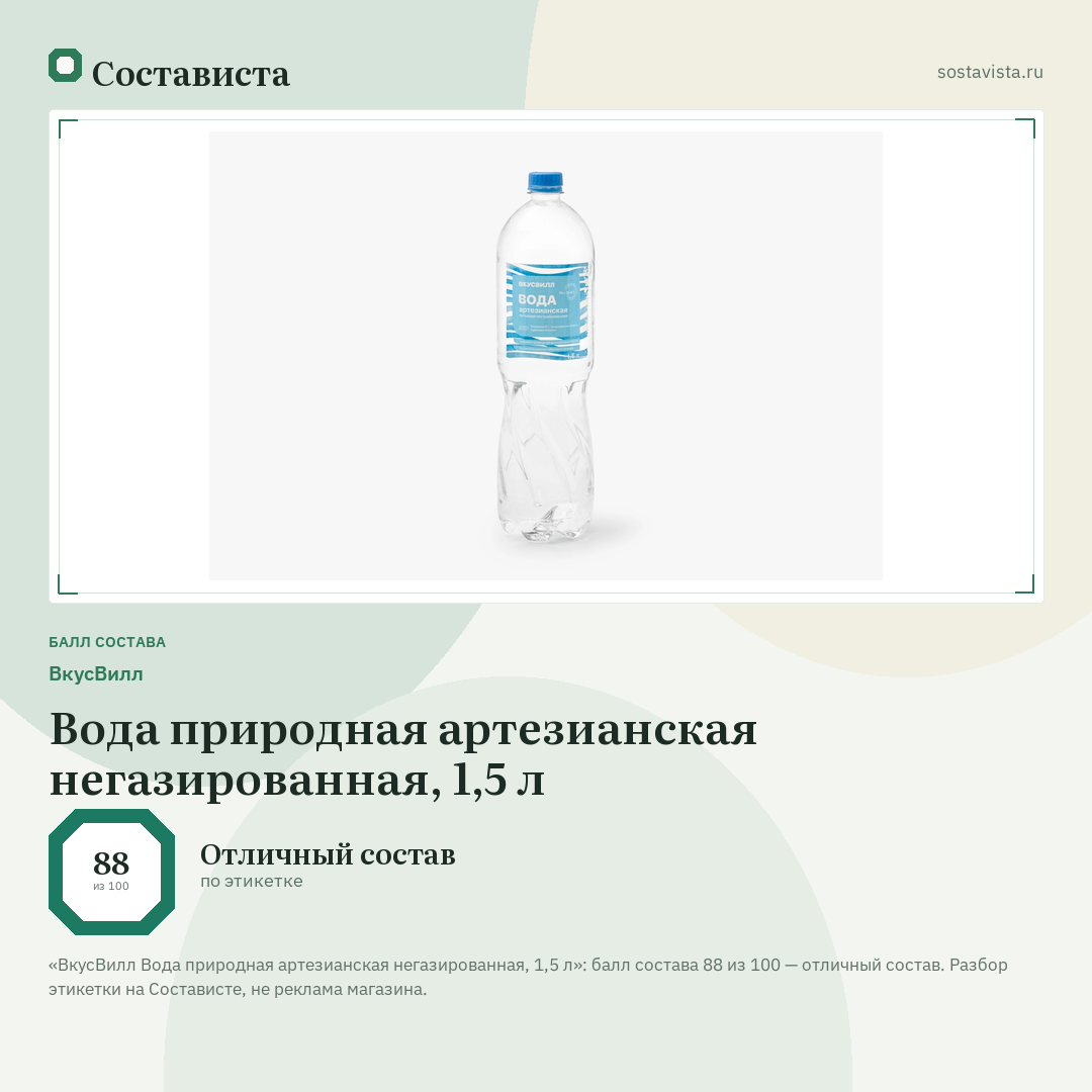 ВкусВилл Вода природная артезианская негазированная, 1,5 л: балл состава 88 из 100 — Состависта