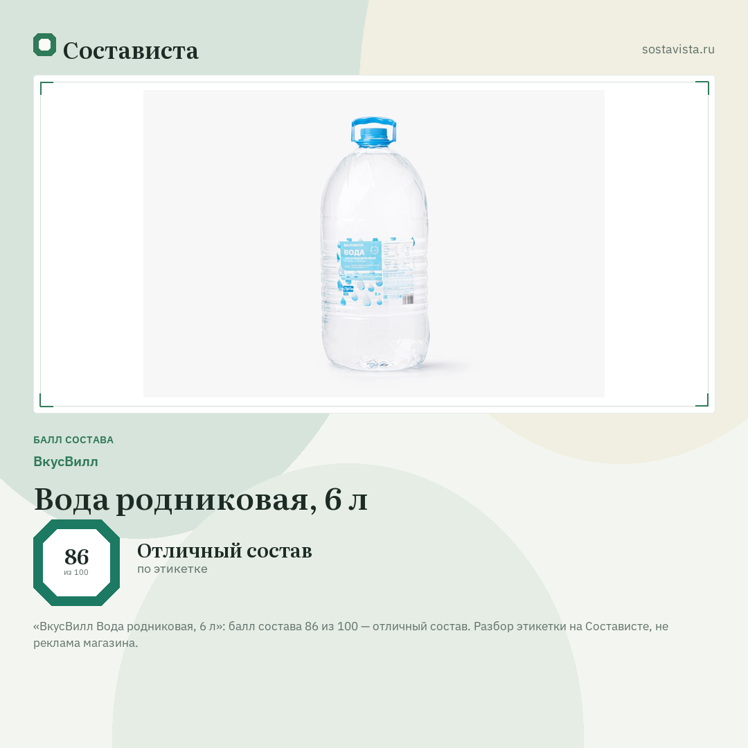 ВкусВилл Вода родниковая, 6 л: балл состава 86 из 100 — Состависта