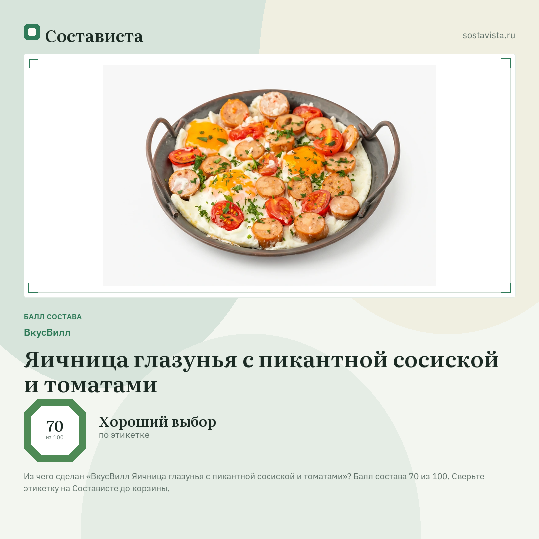 ВкусВилл Яичница глазунья с пикантной сосиской и томатами: балл состава 70 из 100 — Состависта