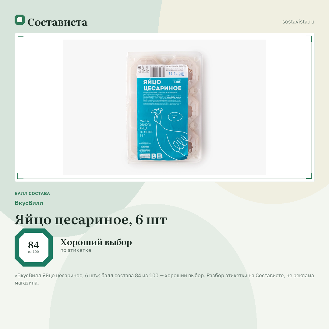 ВкусВилл Яйцо цесариное, 6 шт: балл состава 84 из 100 — Состависта