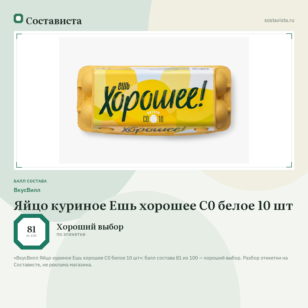 ВкусВилл Яйцо куриное Ешь хорошее С0 белое 10 шт: балл состава 81 из 100 — Состависта