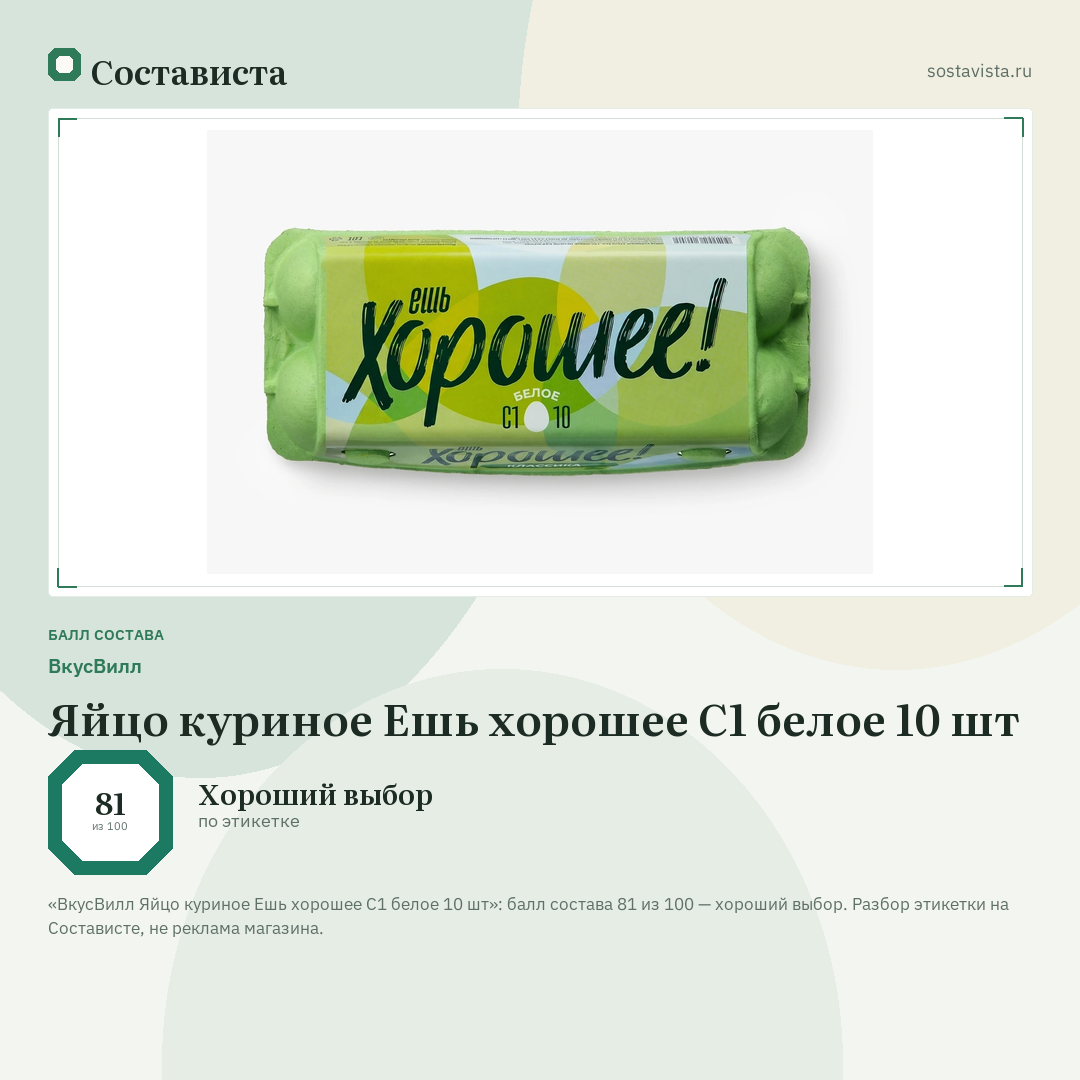 ВкусВилл Яйцо куриное Ешь хорошее С1 белое 10 шт: балл состава 81 из 100 — Состависта